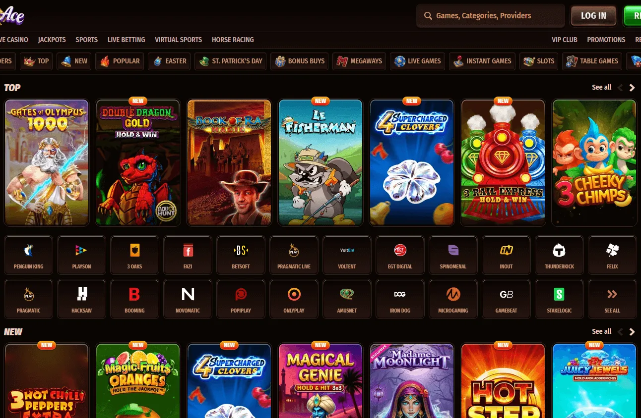 Westace Casino desktop games area with casino and live game options
