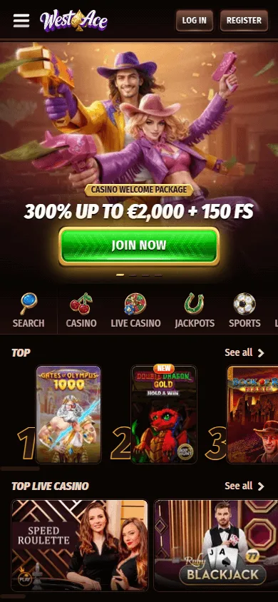 Westace Casino mobile home experience accessed through a Progressive Web App
