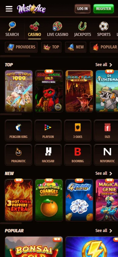 Westace Casino mobile games area with slots and live casino options
