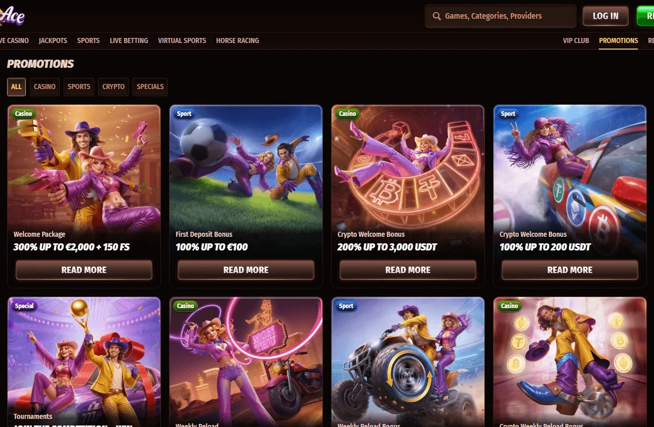 Westace Casino desktop promotions area with welcome and reload offers