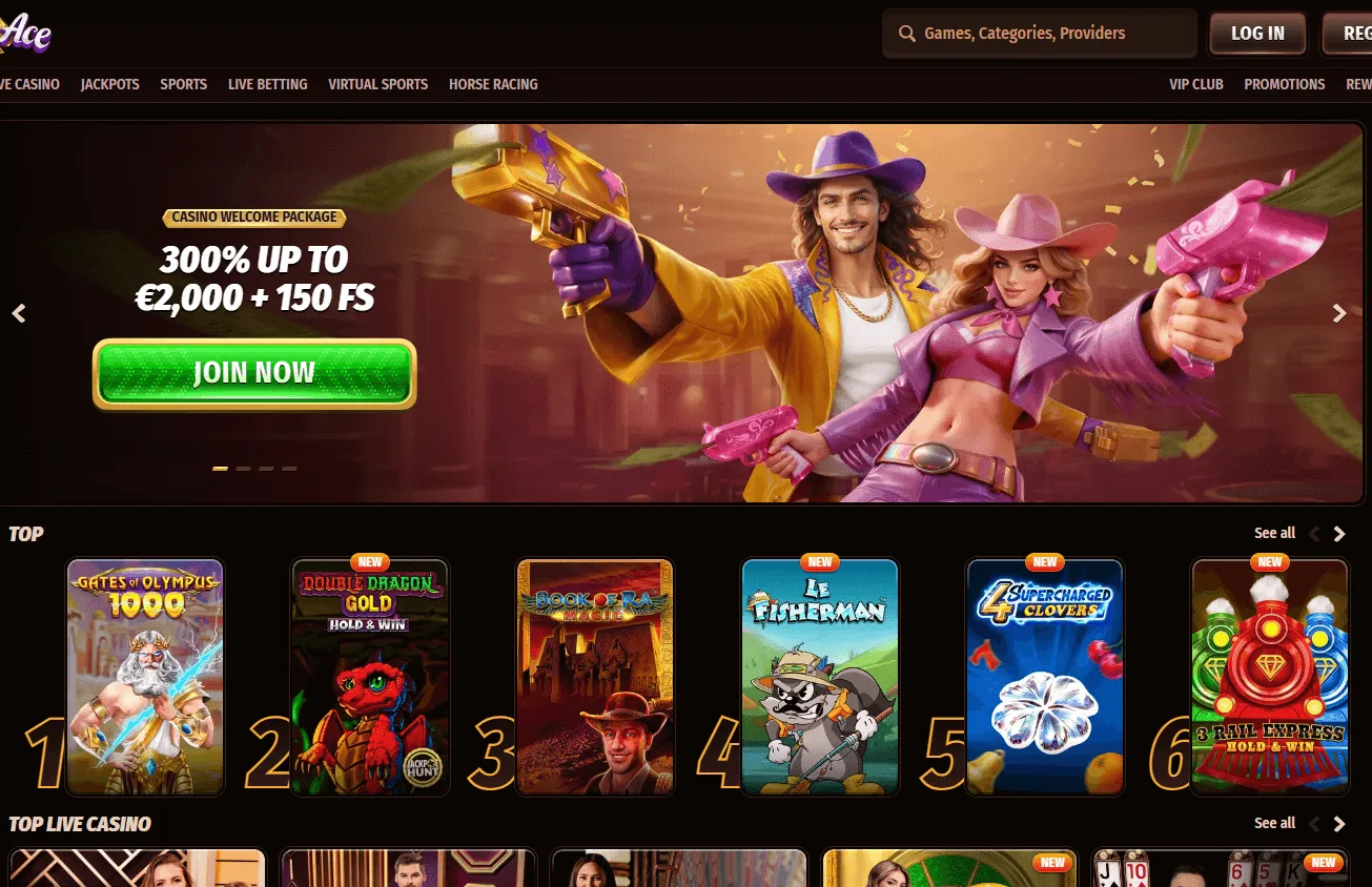 Westace Casino desktop home screen with casino, promotions and account access